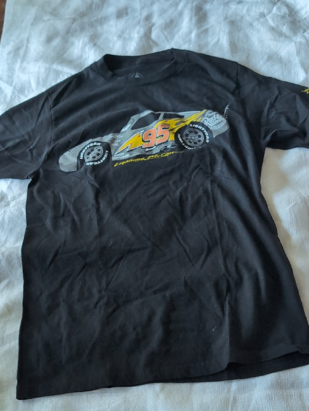 Disney Black Graphic Tee with White Logo Print Lightning McQueen Cars Movie